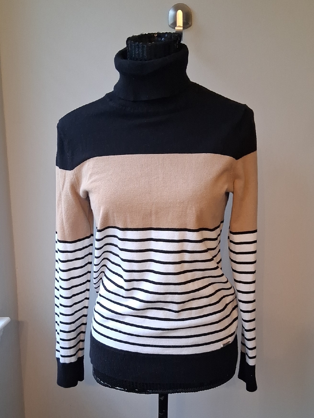 Tommy Hilfiger Black, Cream & White Striped Turtleneck Sweater